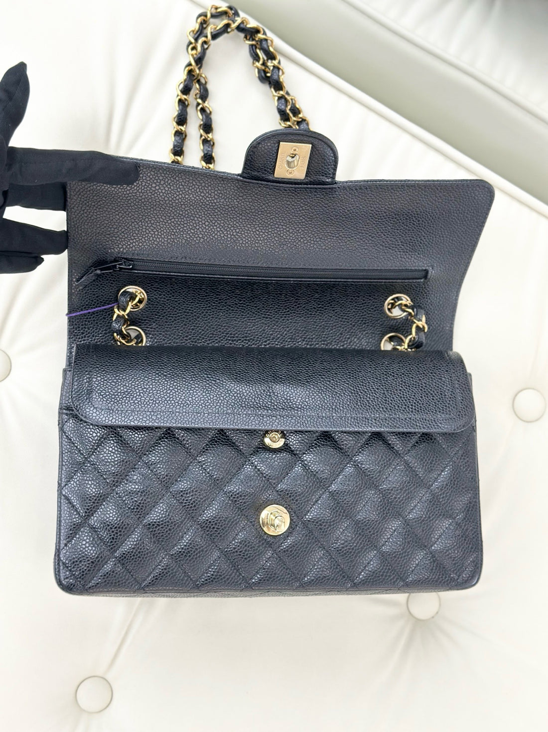 CHANEL CF Medium Black Caviar/Lipstick Leather Double Chain Bag with Gold Buckle