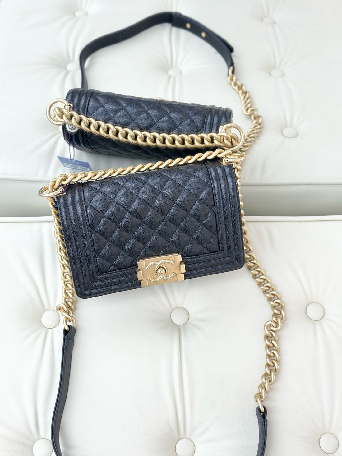 Chanel Boy series leather crossbody bag in black caviar leather, with AGHW hardware.