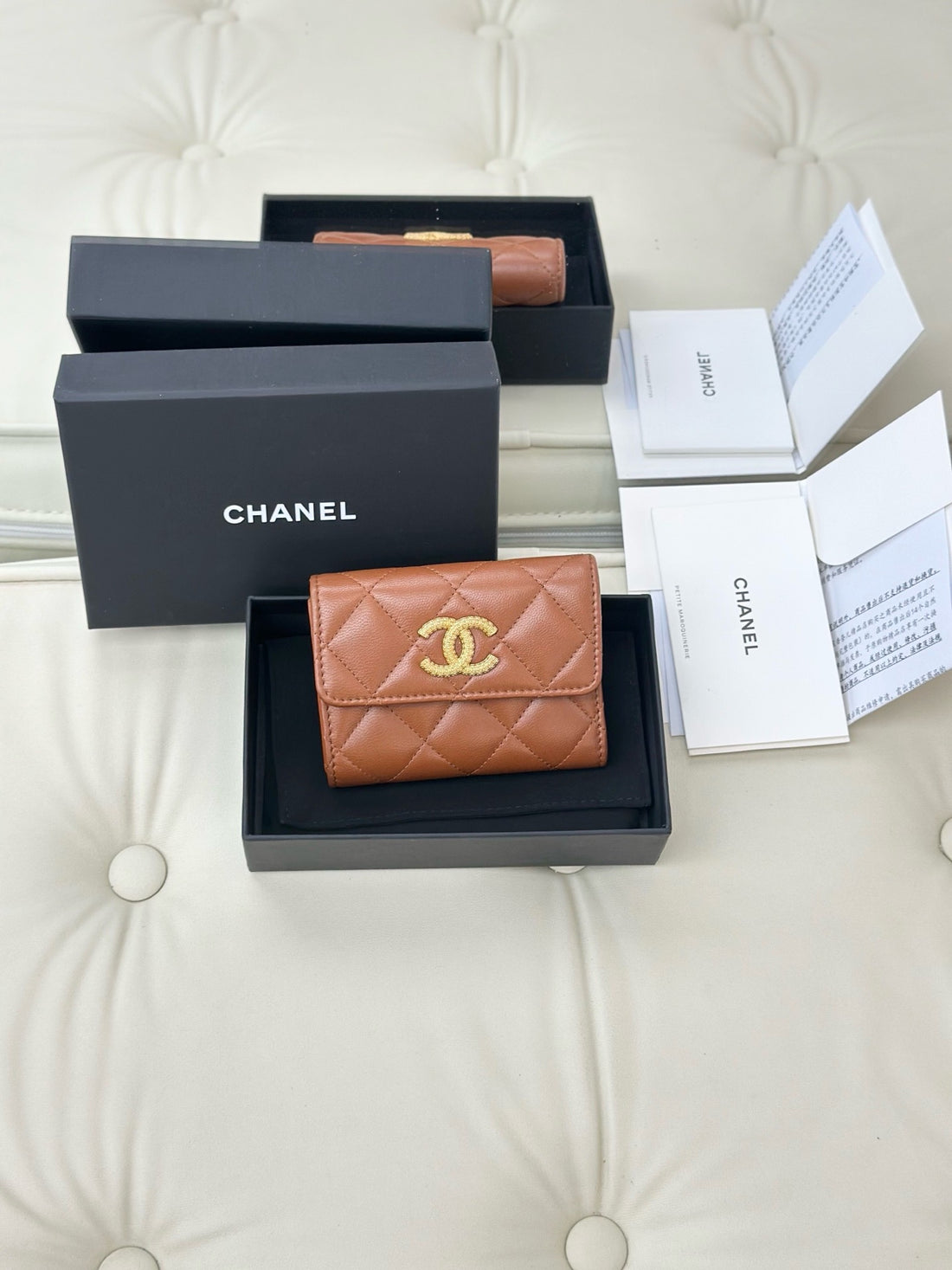 Chanel 23B Caramel Lambskin Trifold Wallet/Coin Purse with Gold Buckle and Double C Design