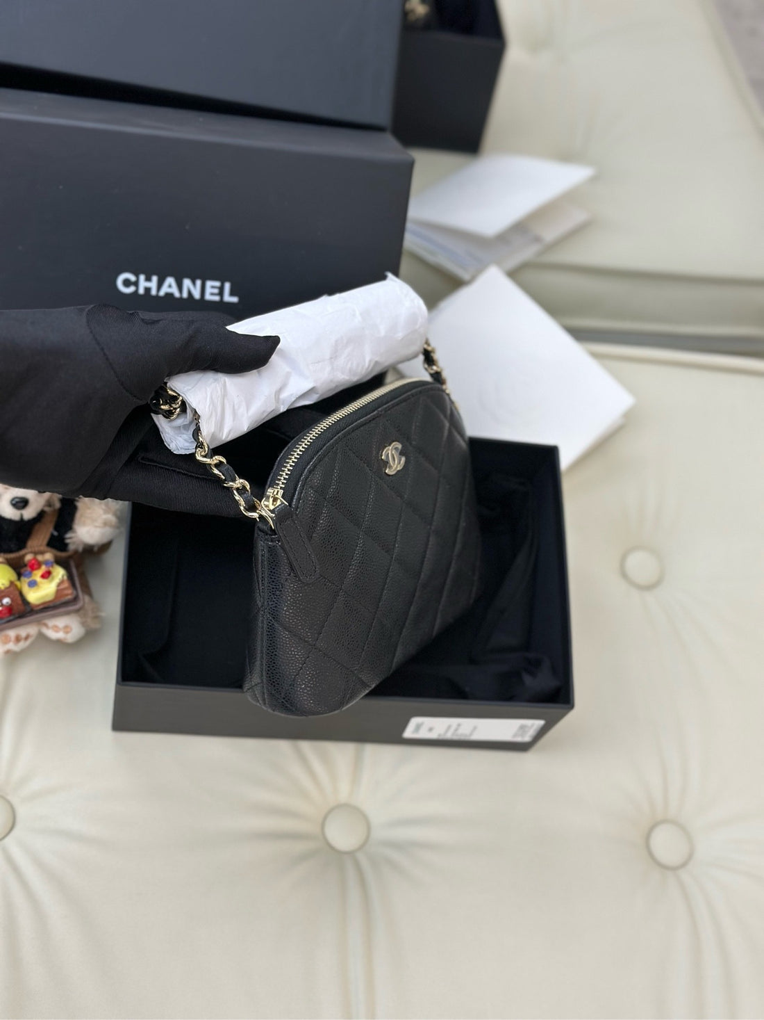 Chanel 24SS Black Pebbled Grain Mini Shell Bag with Light Gold Buckle