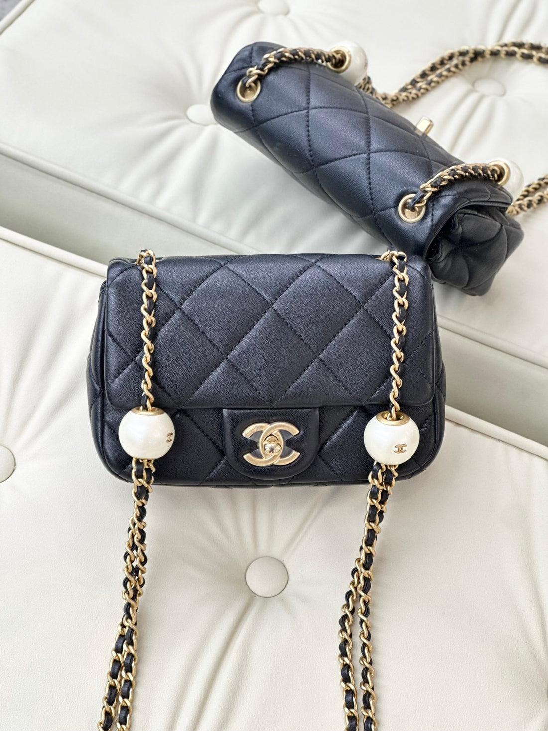 Chanel 24S Black Lambskin Gold Buckle Pearl Adjustable Clasp Chain Square Fat Bag