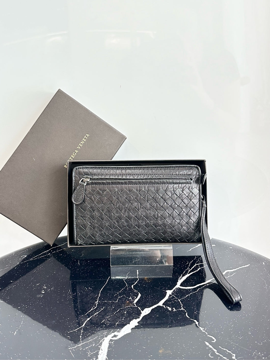 Bottega Veneta Black Leather Woven Zipper Handbag