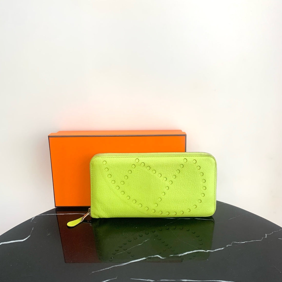 Hermes lemon yellow long goatskin wallet with silver hardware