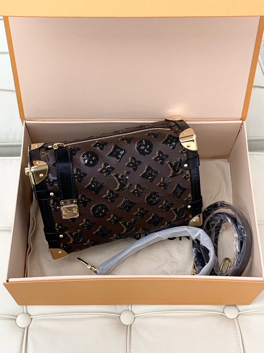Louis Vuitton Side Trunk, Medium-Sized Leather Box Bag with Gold Buckle