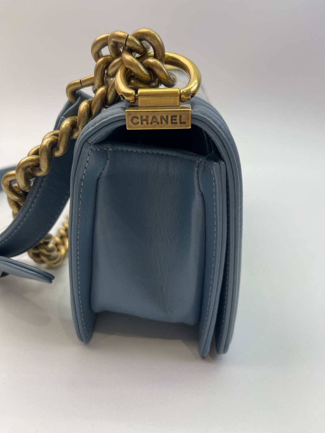 Chanel Boy Chanel 20 Small Lambskin Chain Shoulder Bag, Tile Blue, Gold Metal