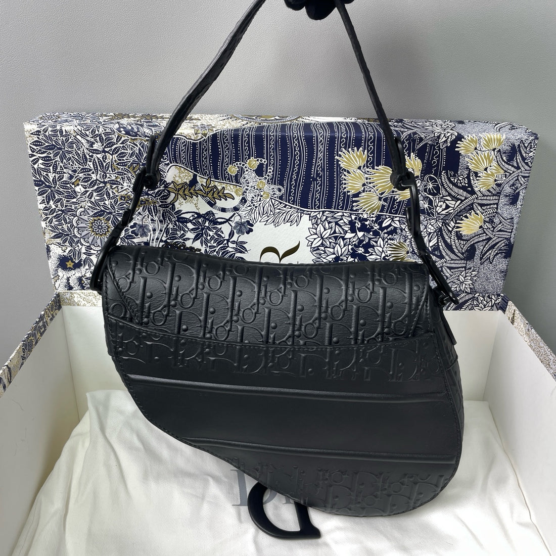 Dior 2019 Black Embossed Print Saddle Bag Limited Edition