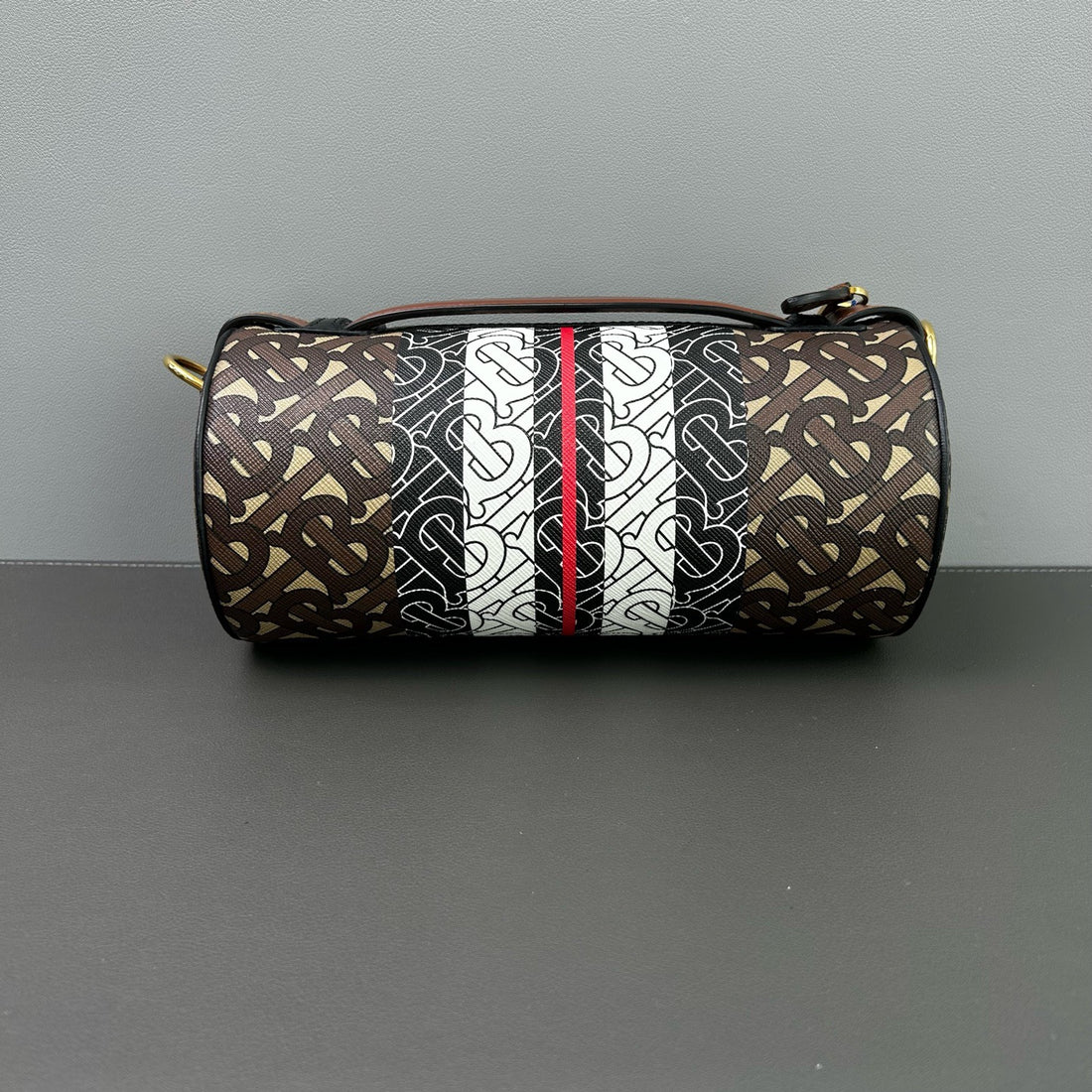 Burberry Monogram Stripe Shoulder Bag, PVC Leather, Brown