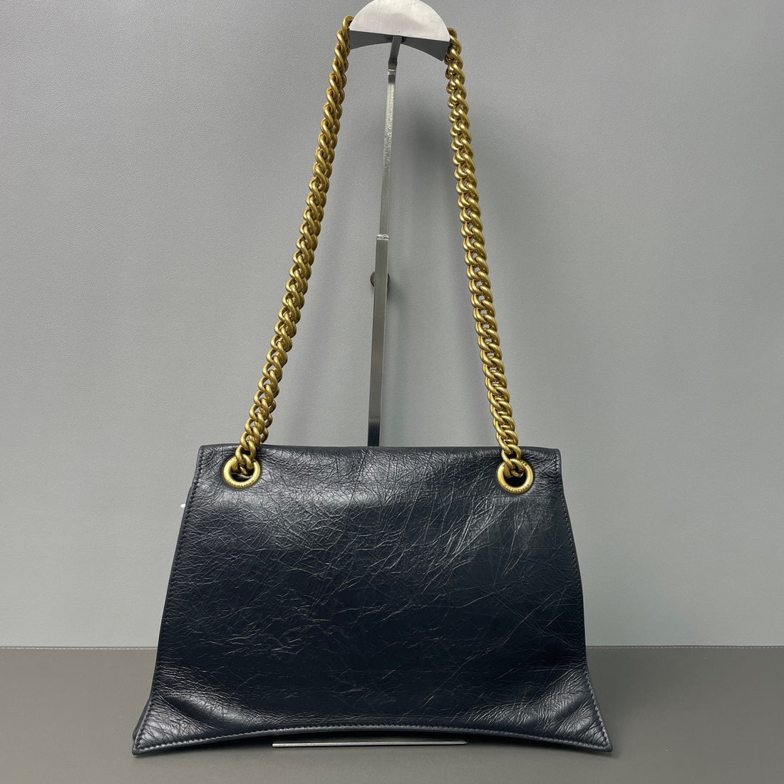 BALENCIAGA Crush Medium Black Textured Leather Gold B Logo Chain Flap Shoulder Bag