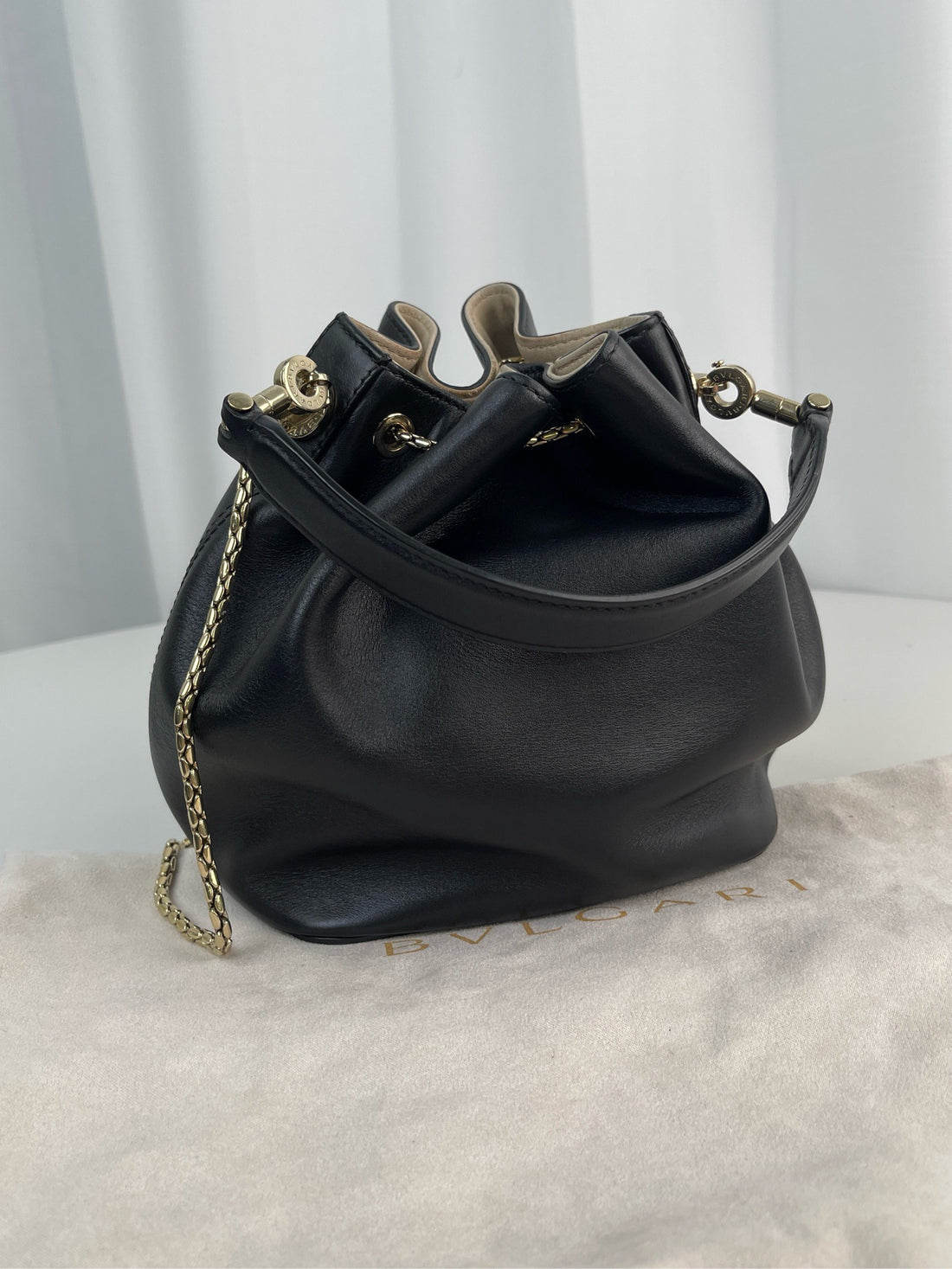 Bvlgari Serpenti Forever Bucket Chain Shoulder Bag Leather Black